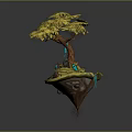 Cartoon Scene of Floating Island with Yellow Tree Brown Trunk and Blue Water Flow