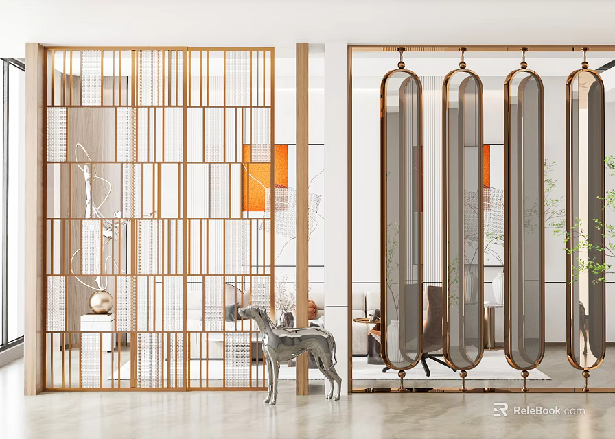 Modern Interior Room Dividers With Gold Frame Geometric Design And Oval Panels 3d model 