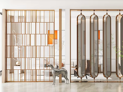 Modern Interior Room Dividers With Gold Frame Geometric Design And Oval Panels 3d model