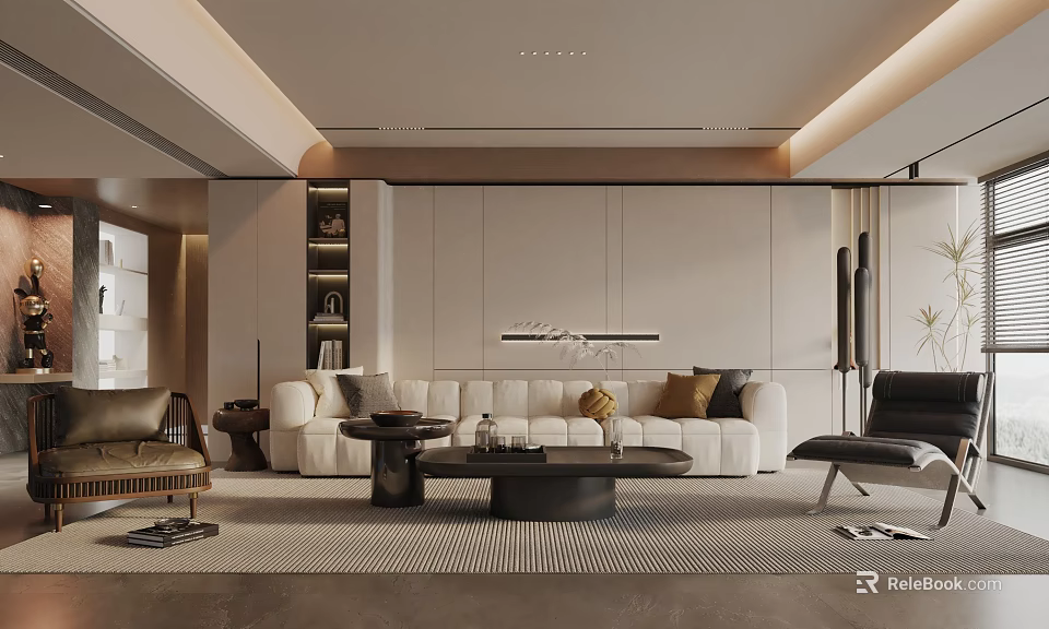 Modern Living Room Interior With Comfortable Sofa Coffee Table Area Rug And Wall Lighting 3d model 