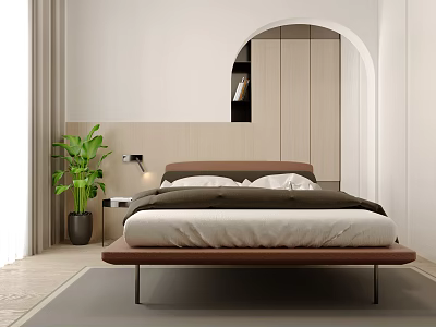 Modern Bedroom Interior With Double Bed Bedside Wall Lamp Green Plant Arched Doorway 3d model