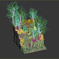 Cartoon Scene Featuring Lush Trees Small House Wooden Shed Rocks And Green Grass