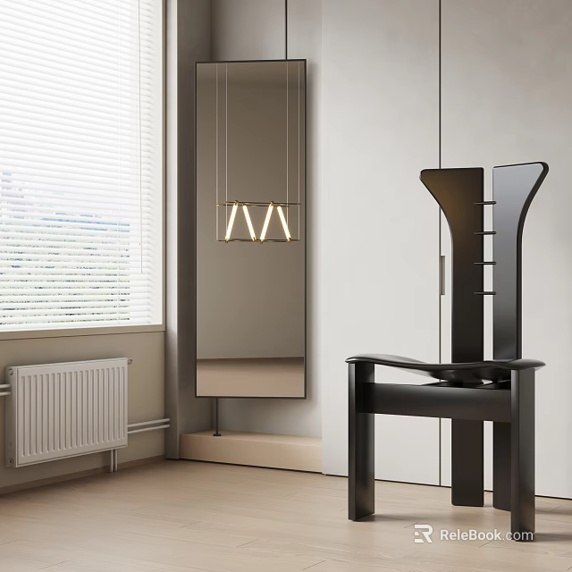 Stylish Hanging Chair In Modern Interior With Window Blinds Pendant Light And Cabinet 3d model 