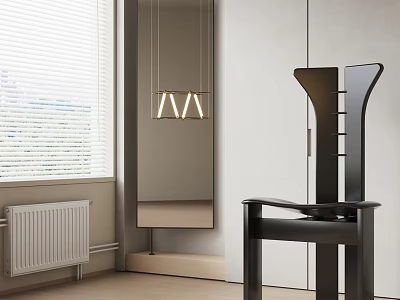 Stylish Hanging Chair In Modern Interior With Window Blinds Pendant Light And Cabinet 3d model