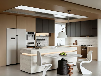 Modern Kitchen Interior With Wooden Dark Cabinets Marble Island Pendant Light White Chairs And Appliances 3d model