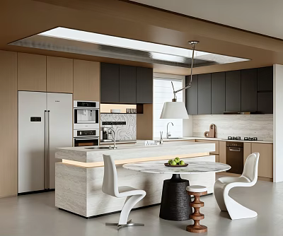 Modern Kitchen Interior With Wooden Dark Cabinets Marble Island Pendant Light White Chairs And Appliances 3d model