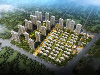 Aerial View Residential Master Plan With High Rise Buildings Low Rise Houses And Green Landscape 3d model