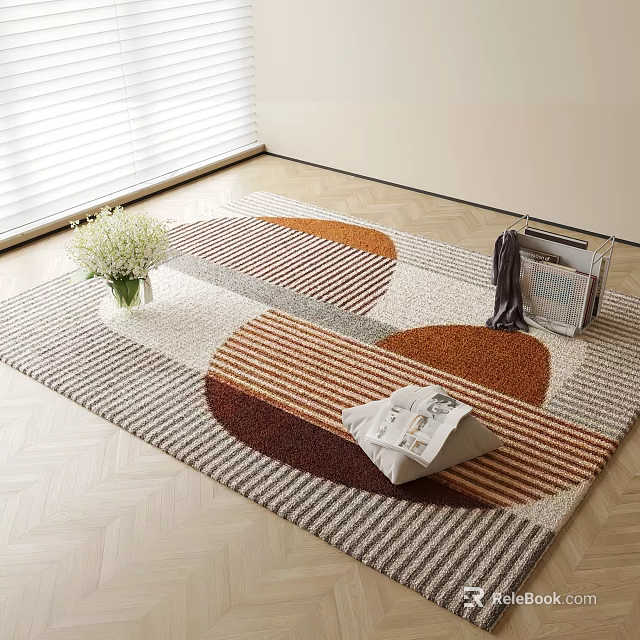 Stylish Square Carpet with Geometric Patterns Brown Stripes and Vase on Wooden Floor 3d model 