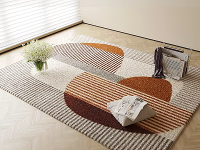 Stylish Square Carpet with Geometric Patterns Brown Stripes and Vase on Wooden Floor 3d model