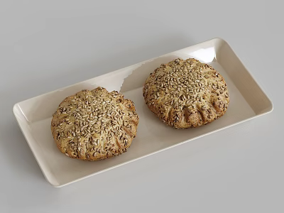 Two Fresh Seed Topped Round Baked Pastries On White Rectangular Tray 3d model