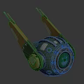 Futuristic Mechanical Creature With Green Smiley Screen Metallic Body And Wooden Support Brackets