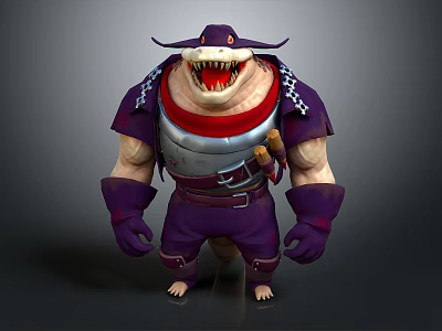 3D Shark Humanoid Character Model With Purple Outfit Red Scarf Shoulder Armor And Muscular Build 3d model