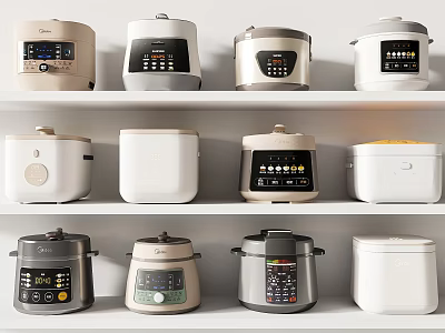 Various Design Electric Rice Cookers And Pressure Cookers Displayed On Shelves 3d model