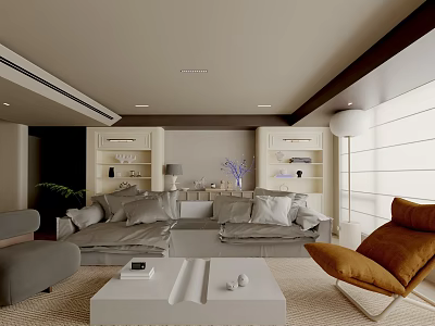 Modern Living Room with Gray Sofa Brown Armchair White Coffee Table Bookshelves and Floor-to-Ceiling Windows 3d model