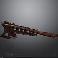 Ancient Red And Brown Crossbow With Long Body And Wooden Stand Base
