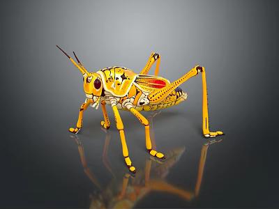 Vibrant Yellow Grasshopper With Red Wings On Dark Reflective Surface 3d model
