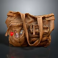 Brown Leather Handbag With Multiple Pockets And Hanging Accessories For Daily Use 3d model