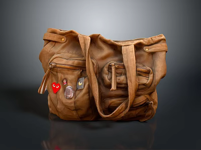 Brown Leather Handbag With Multiple Pockets And Hanging Accessories For Daily Use 3d model