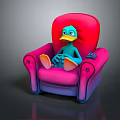 Animated Game Character Blue Duck Sitting On Pink Armchair With Yellow Beak