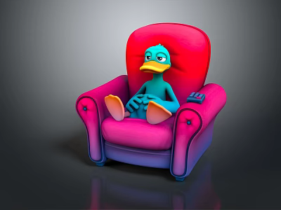 Animated Game Character Blue Duck Sitting On Pink Armchair With Yellow Beak 3d model
