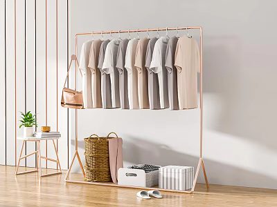 Modern Clothes Rack With Light Colored T Shirts Storage Baskets And Potted Plant 3d model