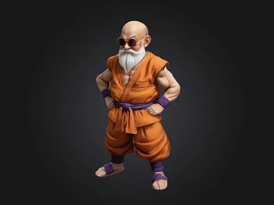 Animated Elderly Character In Orange Robe With Purple Belt White Beard And Sunglasses 3d model