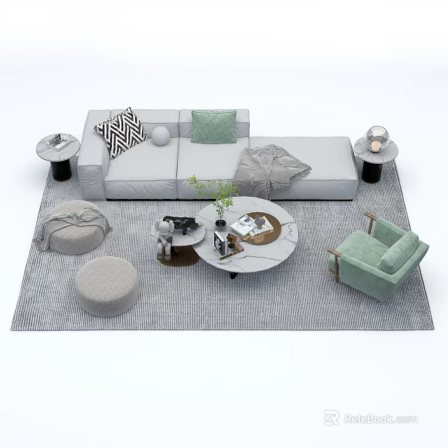 Modern Light Gray Sofa Set With Round Coffee Table Green Accent Chair And Stools 3d model