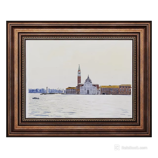 Decorative Wooden Photo Frame Featuring Venetian Landscape With Bell Tower And Boats 3d model 