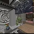 Japanese Traditional Interior With Cherry Blossom Ceiling Wooden Table Chairs And Decorative Elements