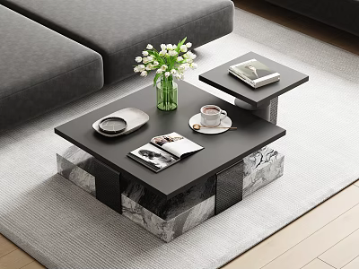 Black Coffee Table With Marble Base Featuring Flower Vase Coffee Cup And Magazines 3d model