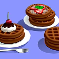 Delicious Stacked Waffles With Whipped Cream Cherry Strawberries And Mint Leaves On White Plates