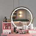 Pink Dressing Table Interior With Organized Cosmetics Skincare And Round Mirror