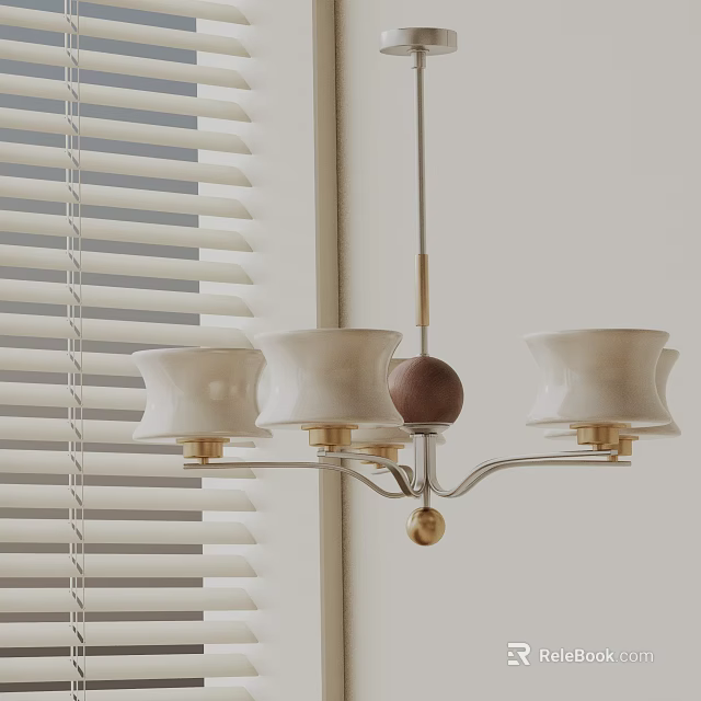 Elegant Modern Chandelier With White Ceramic Shades Brass Frame And Wooden Ball Near Window Blinds 3d model 