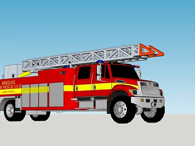 Red Fire Truck Featuring Extended Ladder and Yellow Stripes for Fire Emergency Response 3d model