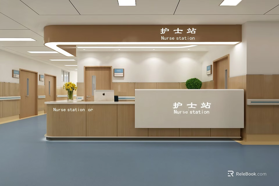 Modern Nurse Station Interior With Reception Counter Potted Plant And Computer 3d model 