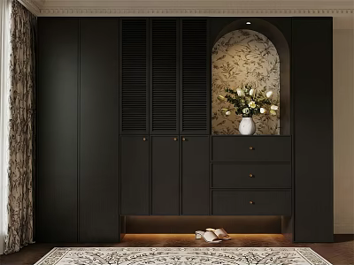 Elegant Modern Black Shoe Cabinet Design With Drawers Doors And Vase Flowers 3d model