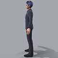 3D Model Man Wearing Suit with Blue Hair and Purple Tie Standing Against Gray Background