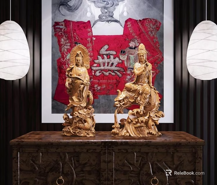 Traditional Golden Buddha Sculptures with Intricate Carving Details in Elegant Interior 3d model 