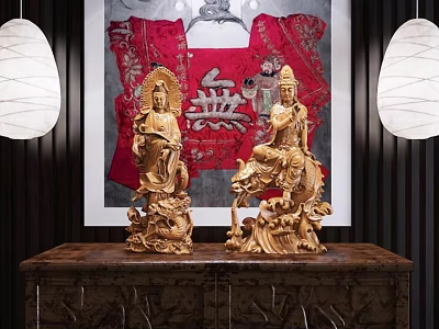 Traditional Golden Buddha Sculptures with Intricate Carving Details in Elegant Interior 3d model