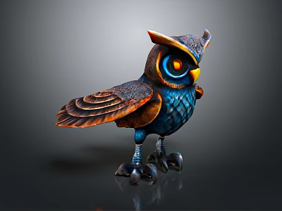Detailed Shiny Owl 3D Model With Blue Orange Feathers Red Eyes Standing Pose 3d model