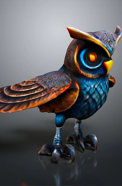 Detailed Shiny Owl 3D Model With Blue Orange Feathers Red Eyes Standing Pose 3d model