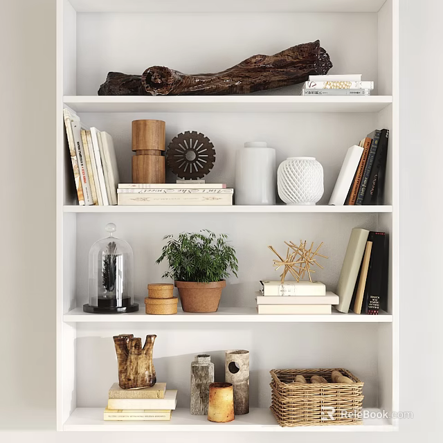 Ornamental Decor Combination with Books Wooden Ornaments Vase and Potted Plant on Bookshelf 3d model 