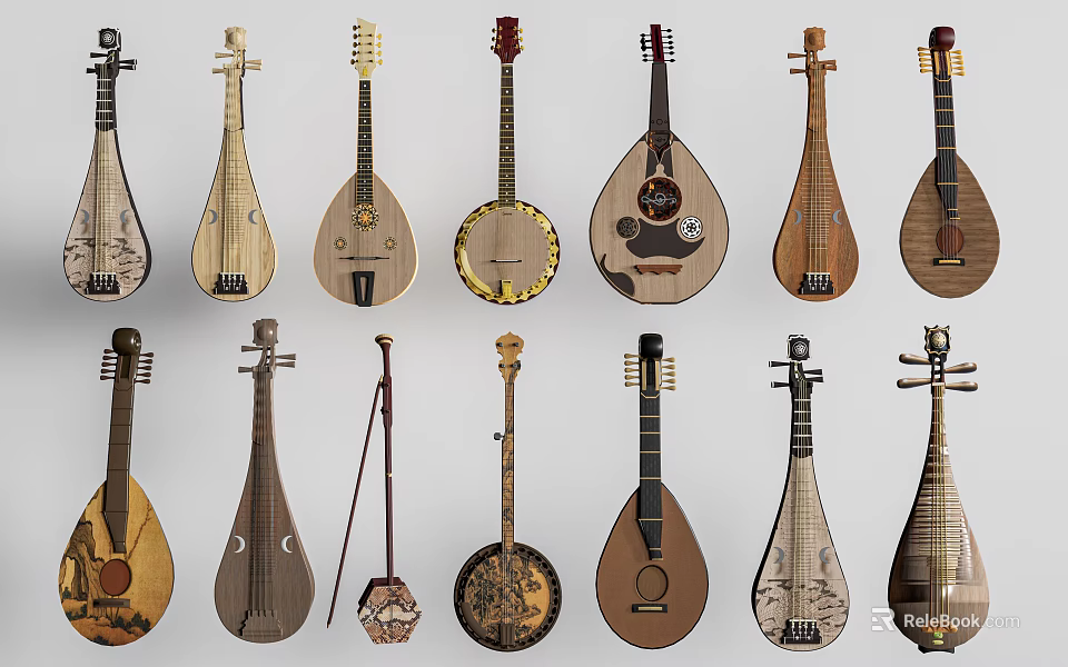 Traditional Wooden Stringed Musical Instruments Various Artistic Designs And Craftsmanship Collection 3d model 