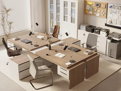Modern Office Interior With Wooden Desks Ergonomic Chairs Table Lamps Bookshelves And Printers 3d model