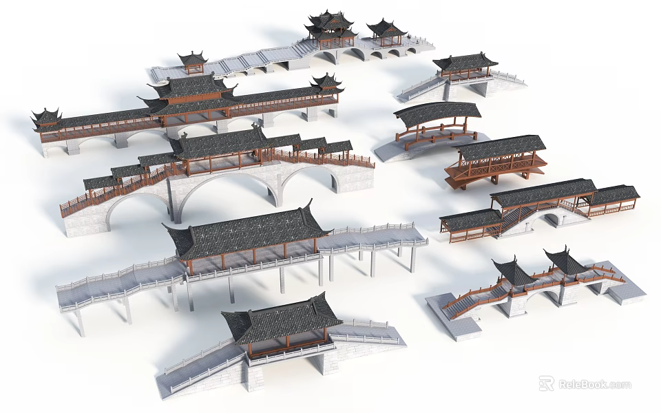 Traditional Chinese Landscape Bridges With Multiple Designs Including Pavilions And Tile Roofs 3d model 