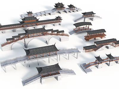 Traditional Chinese Landscape Bridges With Multiple Designs Including Pavilions And Tile Roofs 3d model