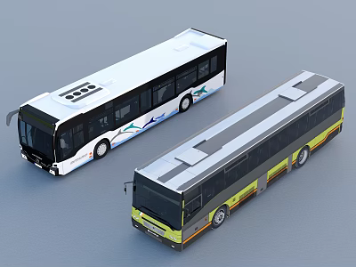 Two Modern City Buses with White Grey and Yellow Exterior Design 3d model