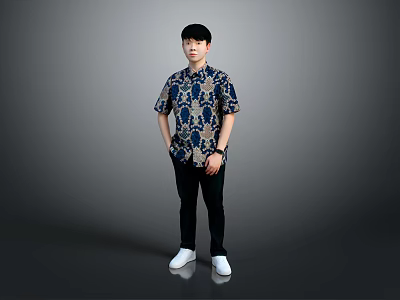 A Man In Patterned Shirt Black Pants And White Shoes Standing Against Gray Background 3d model