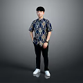 A Man In Patterned Shirt Black Pants And White Shoes Standing Against Gray Background 3d model