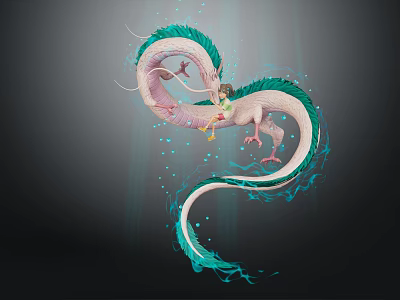 Girl Riding Pink Dragon With Green Mane Ribbons And Blue Light Effects On Dark Background 3d model